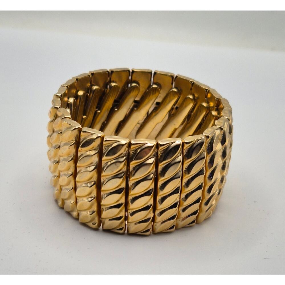Vintage Gold Tone Wide Stretch Bracelet Textured Statement Cuff 80s Retro